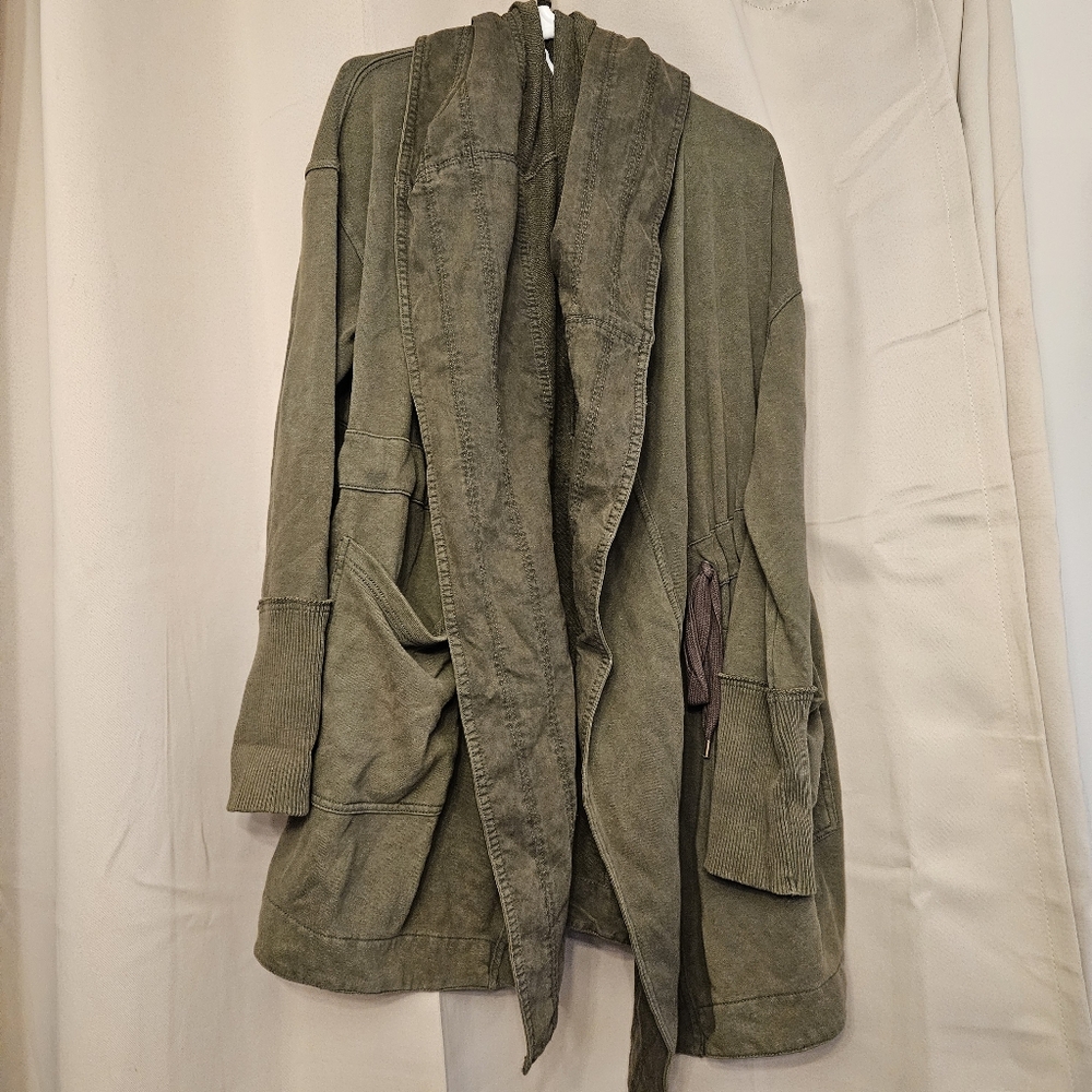 Free People Studio City Army Green Open Cardigan Jacket Chunky Oversized Boho L - Picture 2 of 10